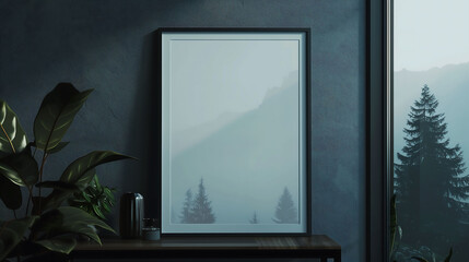 Blank poster frame mockup with minimalist living room interior