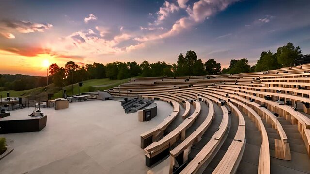 An empty amphitheater with a beautiful sunset in the background