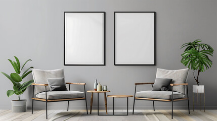 Fototapeta premium Blank poster frame mockup with minimalist living room interior