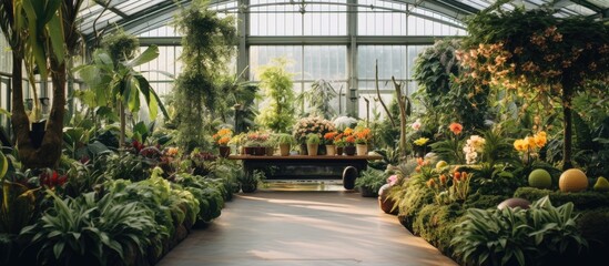A building filled with a variety of terrestrial plants and flowers, creating a lush natural landscape inside. Trees, shrubs, and grasses add to the colorful atmosphere