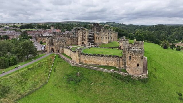 Alnwick Medieval Castle and Town, England UK, Drone Aerial View of Ancient Walls and Landscape