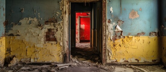 Weathered peeling paint surrounds a noticeable red door in the entrance to a room