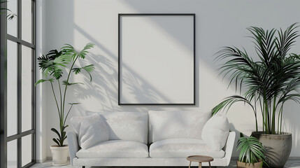 Blank poster frame mockup with minimalist living room interior