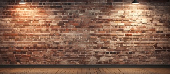 Brick wall featuring three spotlights casting light upon it and a wooden floor underneath - obrazy, fototapety, plakaty