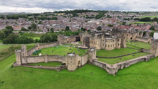 Alnwick Medieval Castle and Town, England UK, Drone Aerial View of Historic Landmark and Landscape