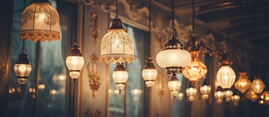 Obraz premium In a room of a charming wooden building, an art event is taking place with a bunch of lamps hanging from the ceiling, creating a warm and inviting atmosphere for sharing creativity