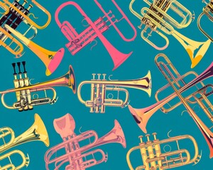A colorful collage of various brass instruments used in a marching band