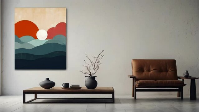 A corner of a modern living room with an abstract painting of a sunrise hung on the wall.

