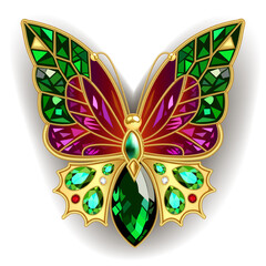 Jewelry gold butterfly in gems. Beautiful decoration. Isolated object.