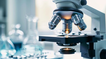 Microscope in medical research lab interior