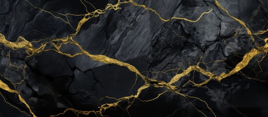 A luxurious black and gold marble slab featuring intricate gold veining running through the surface