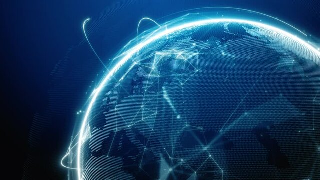 Global communication information technology, Digital Globe Network and Data Analytics Visualization, Futuristic digital globe showing network connections and data analytics on dark blue background.