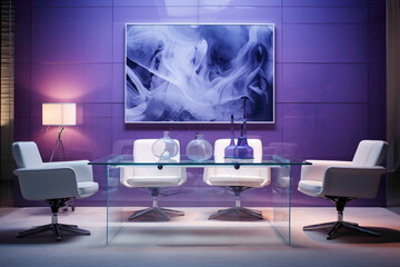 An HD capture of a contemporary meeting area with a sleek glass table, stylish chairs, and an empty white frame against a backdrop of cool purple tones.