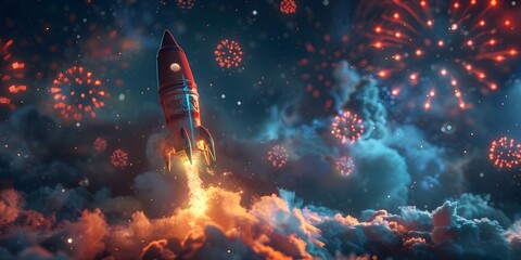 Rocket Blasting Off into a Fireworks Filled Sky Launching Dreams and Igniting Imagination