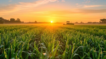 An early morning farmer's field, dew on crops, sunrise casting a golden glow, tranquil and fertile landscape. Resplendent. - obrazy, fototapety, plakaty