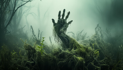 A hand is reaching out in the air above a tree covered in moss - obrazy, fototapety, plakaty