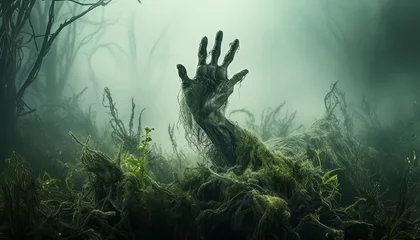 Foto op Plexiglas A hand is reaching out in the air above a tree covered in moss © terra.incognita