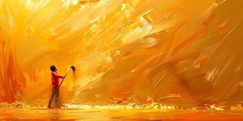 Paintbrush Character Painting a Golden Canvas Celebrating Creativity and Possibility