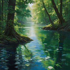 Experience AI art depicting the harmony of humanity and nature, with a gentle hand on a pure green river.