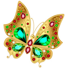 Jewelry gold butterfly in gems. Beautiful decoration. Isolated object.