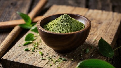 Green Tea Matcha Powder in Traditional Wooden Bowl, Adorning Rustic Table Outdoors