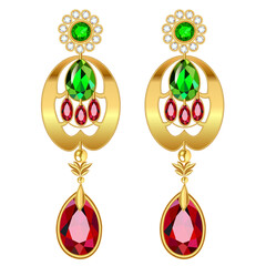 Illustration of gold jewelry earrings with precious stones isolated on a white background