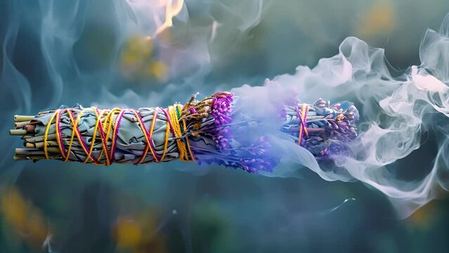 A smudge stick made of dried sage and tied with vibrant thread sends swirls of smoke into the air as it is used in a cleansing ceremony.