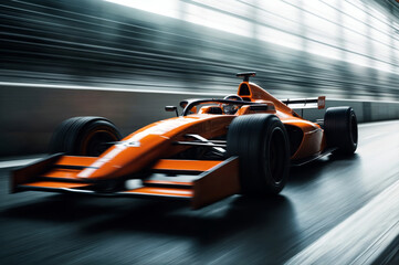 A high angle shot of an orange racing car with motion blurred background