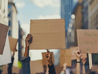 A person holding up a blank cardboard sign during a protest on a city street, representing potential for messages of activism and social change. street, social-change, message, demonstration, blank