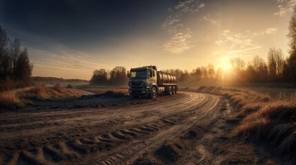 Fototapeta premium Truck on the road in the countryside at sunset.