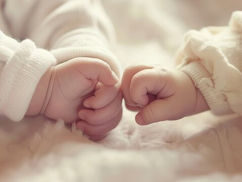 The tender moment of two babies holding hands gently while lying down, capturing the innocence and softness of early childhood. softness, lying-down, close-up, siblings, twins, fingers, touch