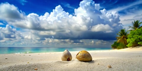 Fototapeta na wymiar Couple of Shell Nuts on Tropical Sandy Beach