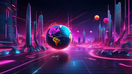 The background of the metaverse is a digital universe in cyberspace, with neon colors representing the worldwide planet and futuristic energy power technologies and internet connections.
