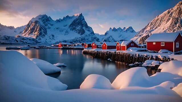 Red houses on the water in a snowy landscape