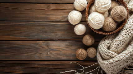 Fototapeta na wymiar Balls of woolen thread in a basket on a wooden table, copy sospace