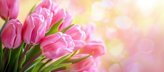 Obraz premium Pink tulips arranged in a bouquet against a blurred background, with space for a greeting message. Ideal for Valentine's Day or Mother's Day,