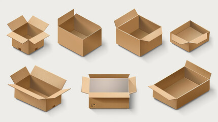 A set of cardboard box mockups. vector delivery set in white. Empty the cardboard box, both closed and open. isolated against a clear backdrop. Vector-based artwork. flat box, eps 10 illustration.