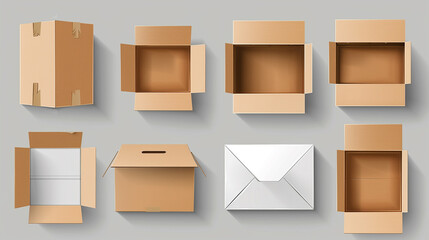 A set of cardboard box mockups. vector delivery set in white. Empty the cardboard box, both closed and open. isolated against a clear backdrop. Vector-based artwork. flat box, eps 10 illustration.