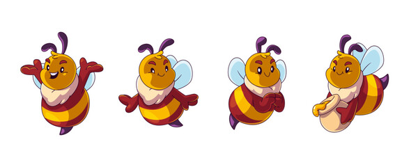 Cute and funny baby bee mascot cartoon vector set. Happy animal character for child book isolated drawing. Farm insect holding honey asset. Busy bumblebee with sting emotion expression illustration