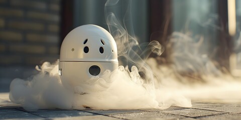 A smoke detector character sounding an alarm in the open air to warn of alarming conditions with copy space for text - obrazy, fototapety, plakaty