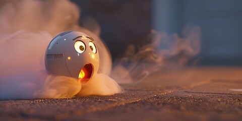 A close-up view of a smoke detector character with a surprised alarmed facial expression against a dark hazy background - obrazy, fototapety, plakaty