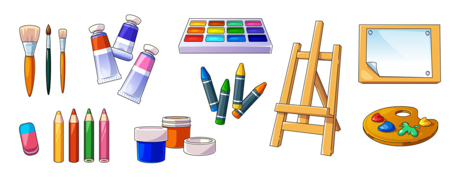 Art easel, paint brush and artist palette supplies. Painter craft tool icon set for draw school class illustration. Gouache tube, crayon kit for child hobby and creative talent education on workshop
