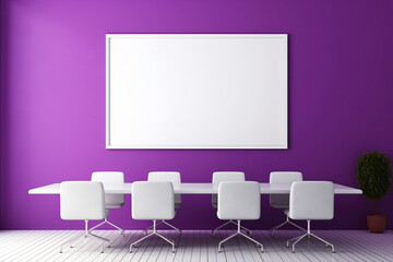 An elegant purple meeting room with a blank white empty frame.