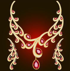 Illustration of a set of gold jewelry with rubies. Necklace and earrings with precious stones