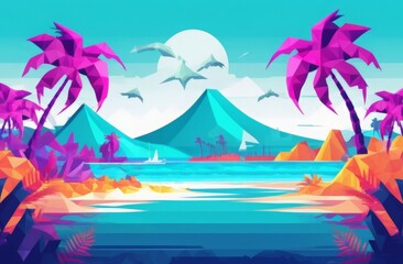 Fototapeta na wymiar Summer tropical landscape. The sea coast. Palm trees and mountains in the distance. A bright flat summer illustration.
