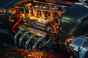 Antique car engine view. Classic Car Show