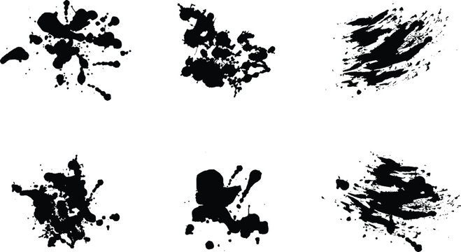 Black ink spots set on white background. Ink illustration, graphic texture of ink brush stroke