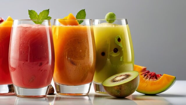 Sliced fruits including watermelon, mango fruit juice with glass 
