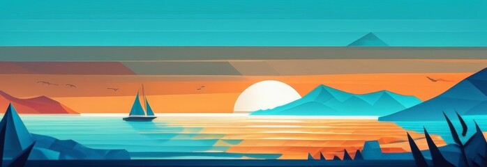 A summer tropical seascape with a parkland. The sea coast. Palm trees and mountains in the distance. A bright flat summer illustration in a polygonal style. - obrazy, fototapety, plakaty