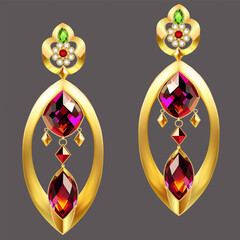 Illustration of gold jewelry earrings with precious stones